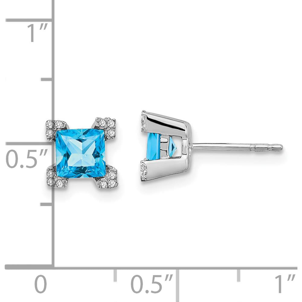 14K White Gold Square Swiss Blue Topaz Earrings with Round Diamond Accents - 0.495 Carat Total Blue Topaz Weight, 0.003 Carat Total Diamond Weight by Monteluci Fine Jewelry