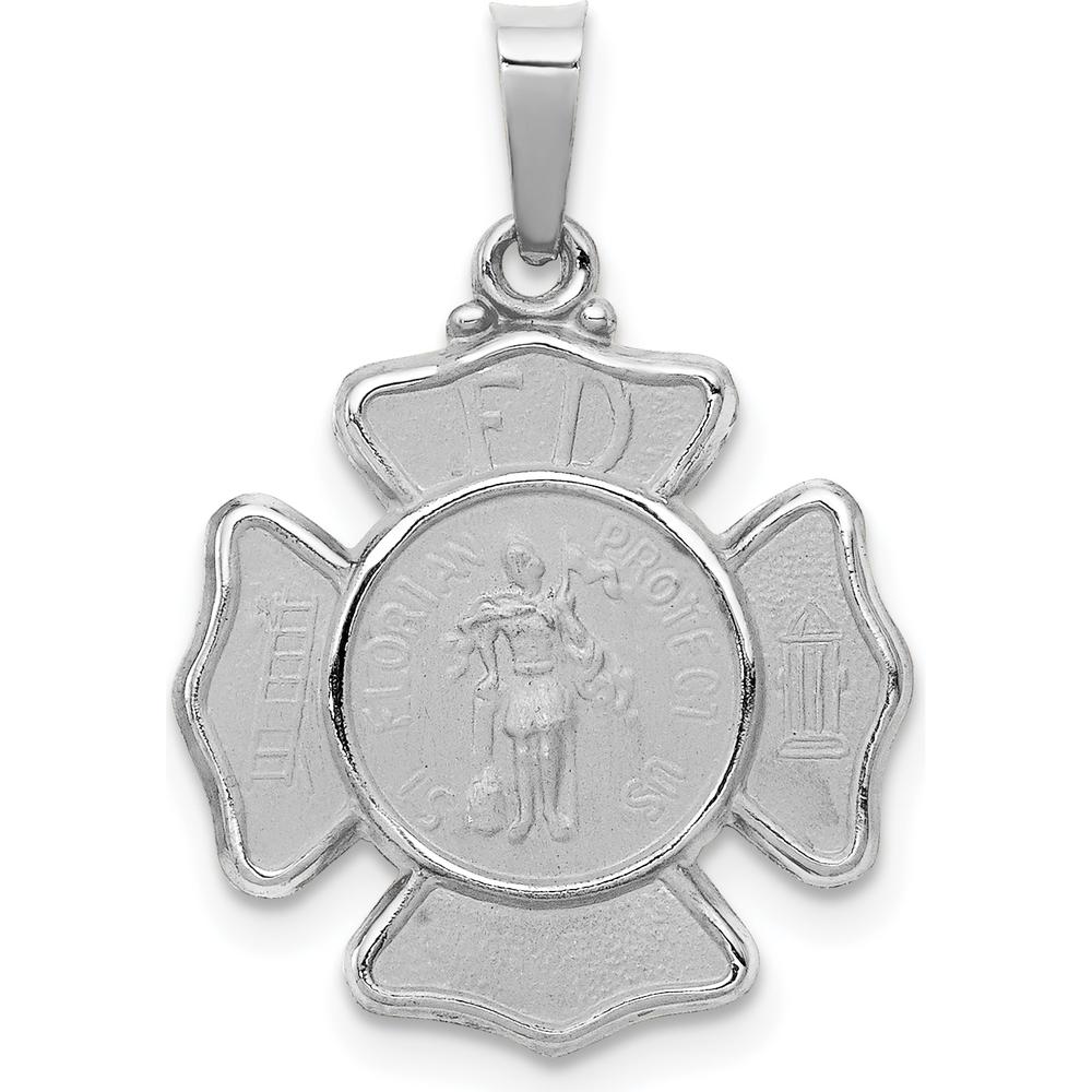 14K White Gold St. Florian Badge Medal Pendant with Polished and Satin Finish - Hollow Design by Oro Pregiato