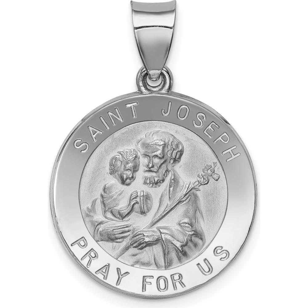 14K White Gold St. Joseph Medal Round Pendant with Polished and Satin Finish - 27mm Length by Oro Pregiato