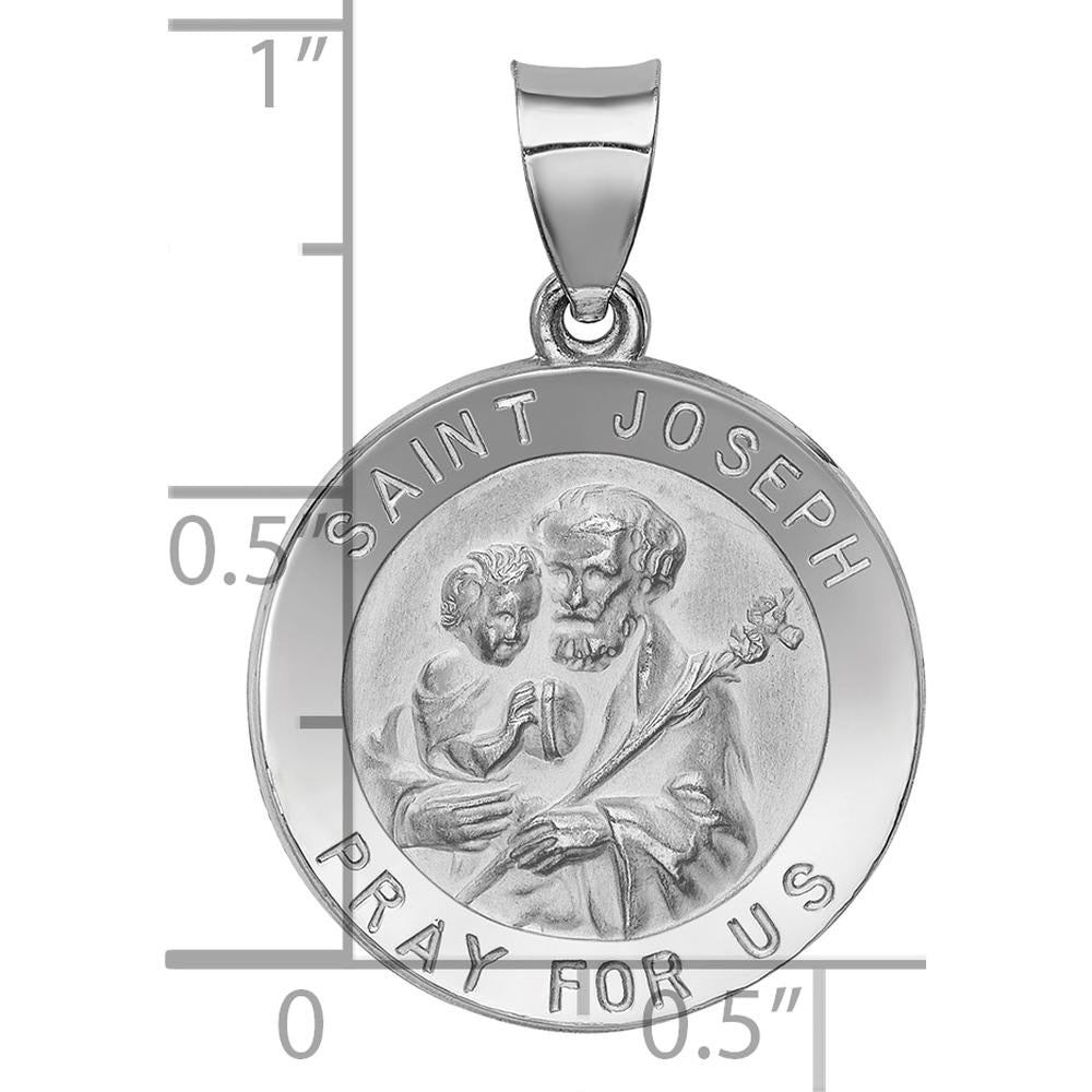 14K White Gold St. Joseph Medal Round Pendant with Polished and Satin Finish - 27mm Length by Oro Pregiato