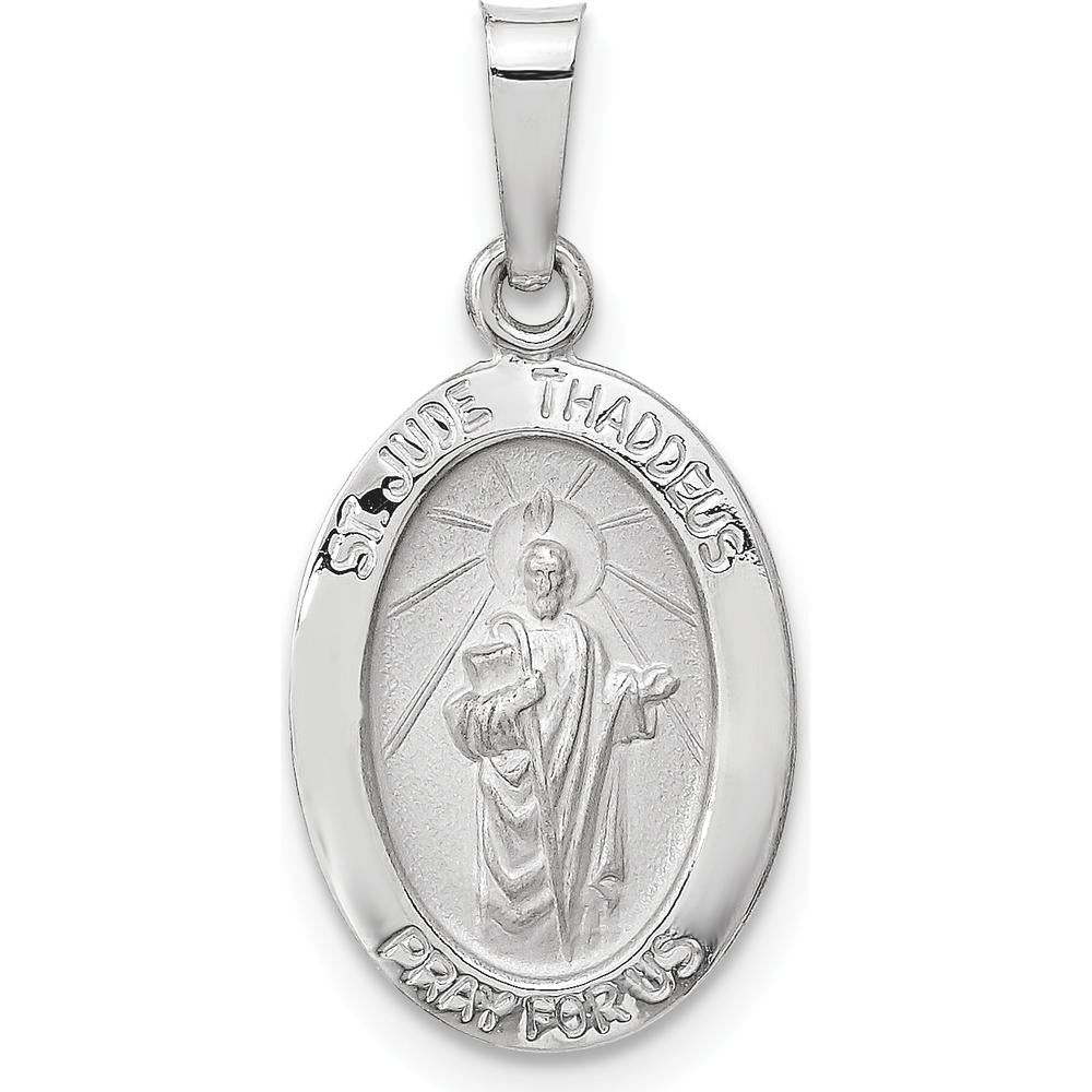 14K White Gold St. Jude Thaddeus Hollow Oval Pendant with Polished and Satin Finish by Oro Pregiato