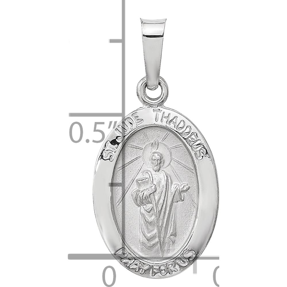 14K White Gold St. Jude Thaddeus Hollow Oval Pendant with Polished and Satin Finish by Oro Pregiato