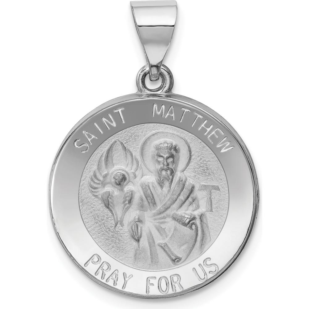 14K White Gold St. Matthew Medal Round Pendant with Rhodium Plating - Spiritual Faith Charm by Oro Pregiato