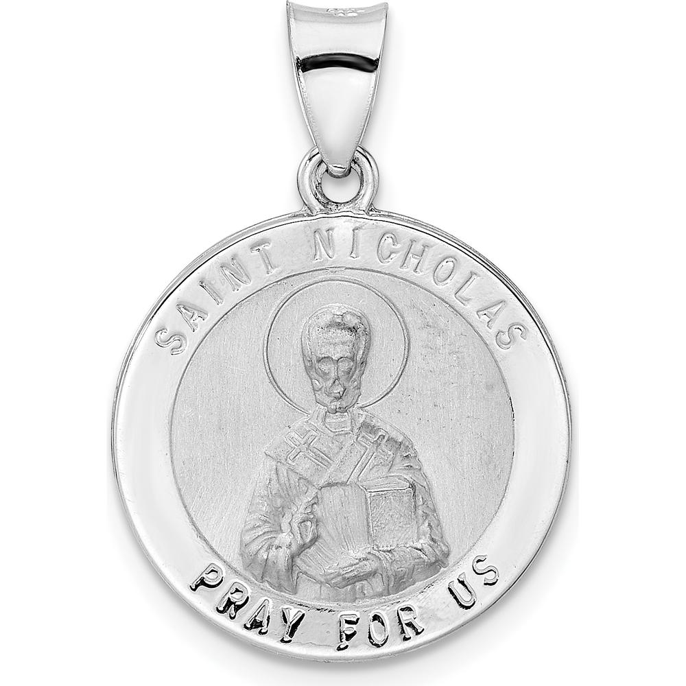 14K White Gold St. Nicholas Medal Pendant with Polished and Satin Finish - 21mm Length by Oro Pregiato
