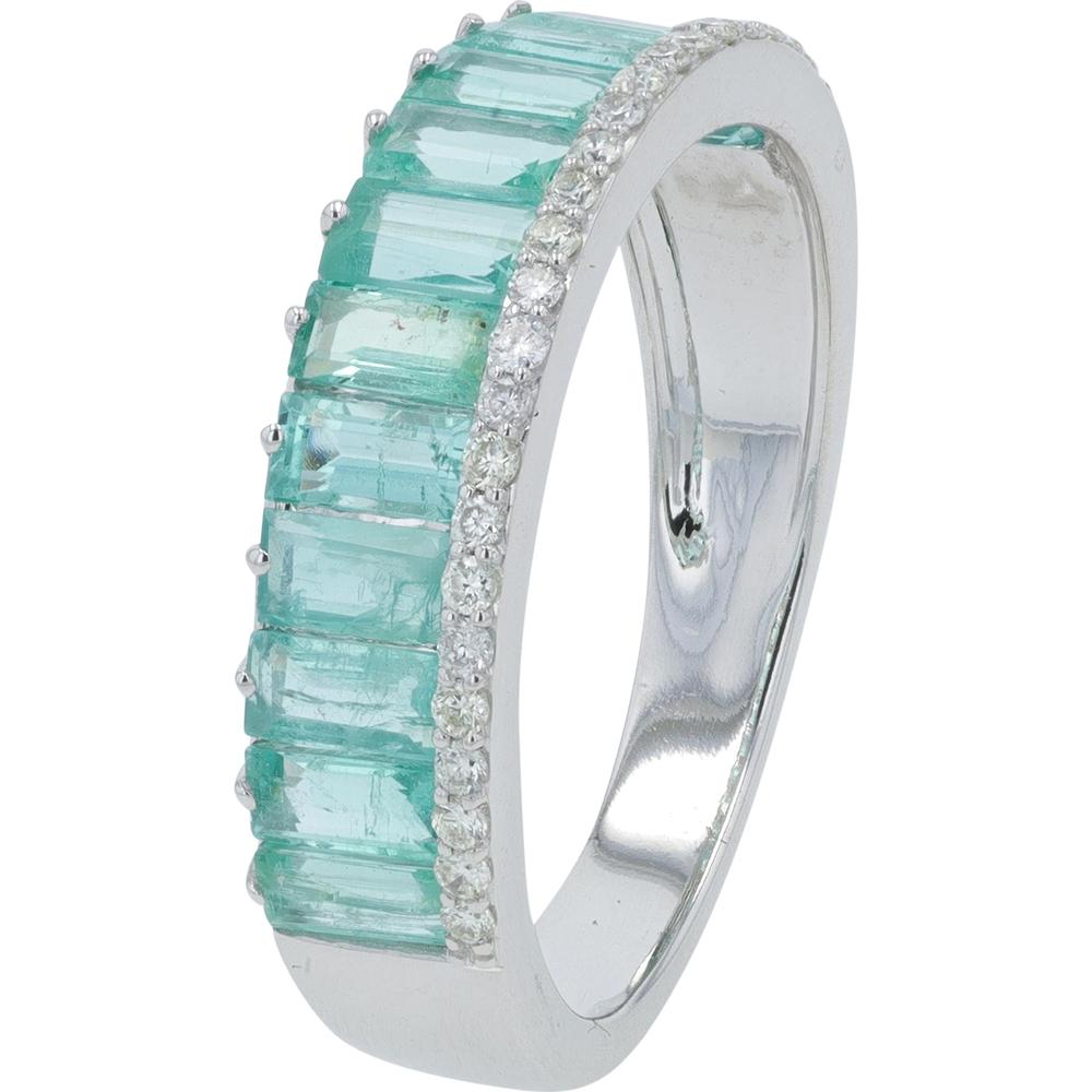 14K White Gold Stackable Baguette Emerald Band with Round Diamond Accents - 1.50 - 2.00 Carat Total Emerald Weight / 0.15 Carat Total Diamond Weight