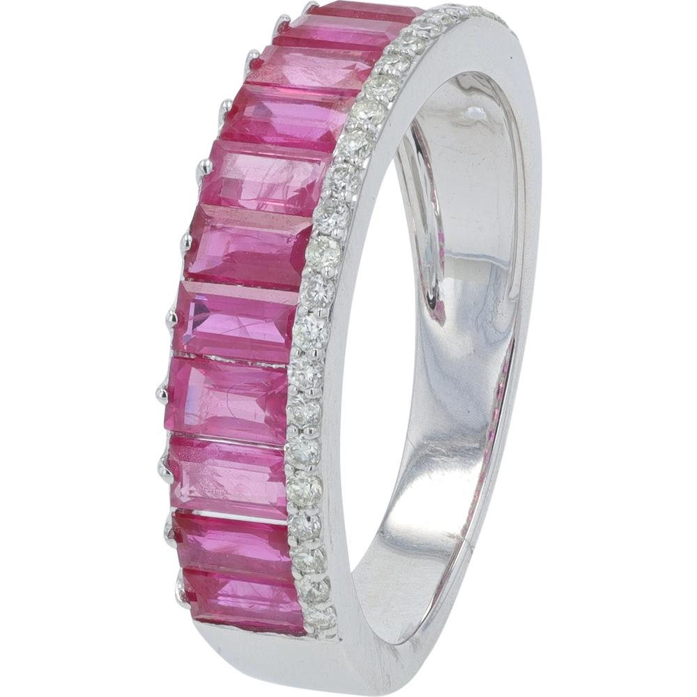 14K White Gold Stackable Band with Baguette Rubies and Round Diamond Accents - 1.50 - 2.00 Carat Total Ruby, 0.15 Carat Total Diamond