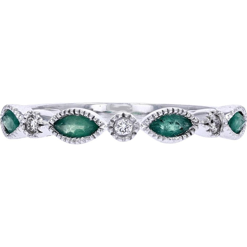 14K White Gold Stackable Band with Marquise-Cut Emeralds and Round Diamond Accents - 0.04 Carats Total Diamond Weight