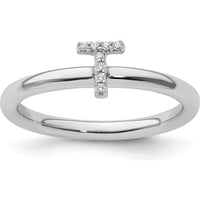 14K White Gold Stackable Band with Pavé Diamond Initial T by 0