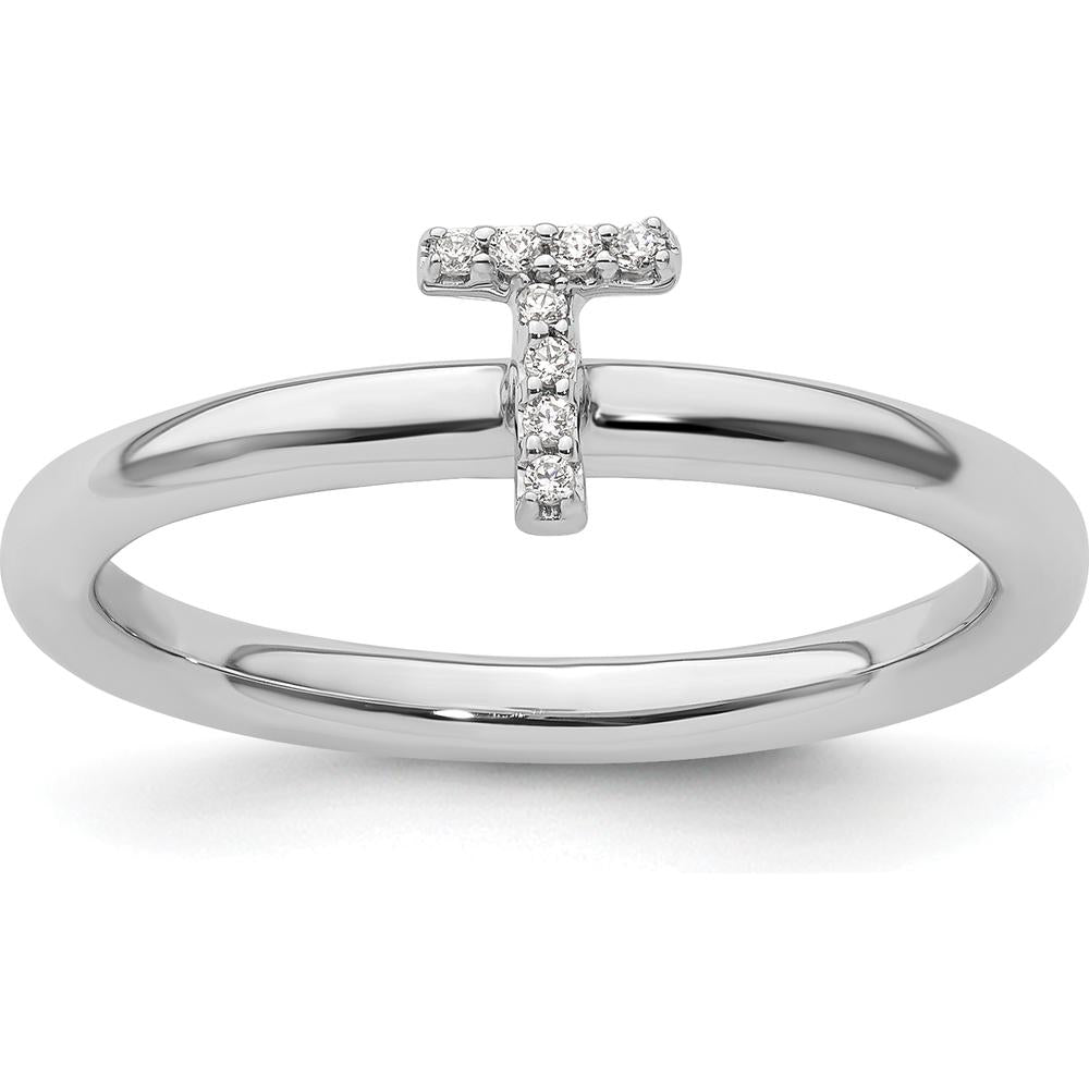 14K White Gold Stackable Band with Pavé Diamond Initial T by 0