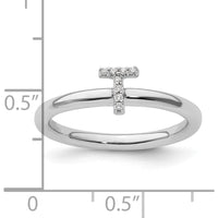 14K White Gold Stackable Band with Pavé Diamond Initial T by 0