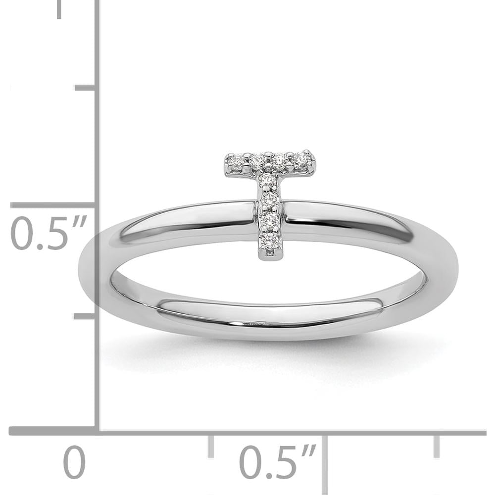 14K White Gold Stackable Band with Pavé Diamond Initial T by 0