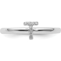 14K White Gold Stackable Band with Pavé Diamond Initial T by 0