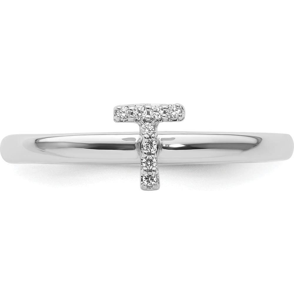 14K White Gold Stackable Band with Pavé Diamond Initial T by 0