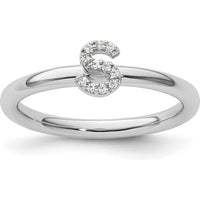 14K White Gold Stackable Band with Pavé Set Round Diamond Initial S - Size 7 by 0