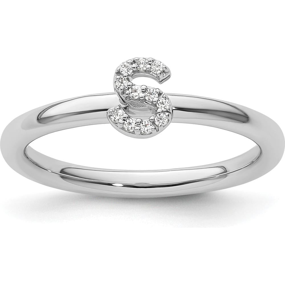 14K White Gold Stackable Band with Pavé Set Round Diamond Initial S - Size 7 by 0