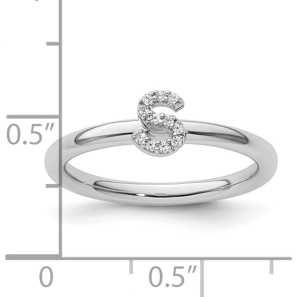 14K White Gold Stackable Band with Pavé Set Round Diamond Initial S - Size 7 by 0