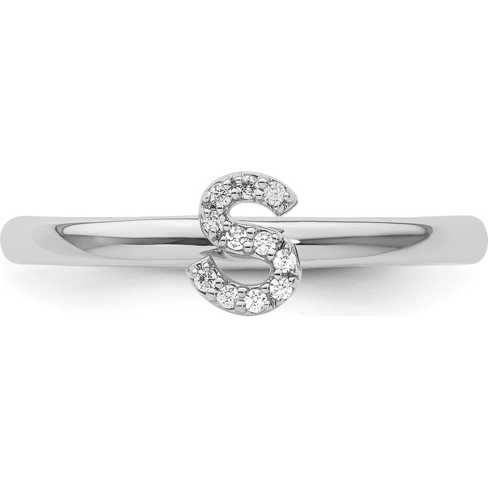 14K White Gold Stackable Band with Pavé Set Round Diamond Initial S - Size 7 by 0