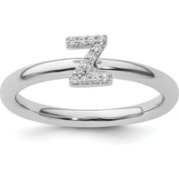 14K White Gold Stackable Band with Pavé Set Round Diamond Initial Z by 0