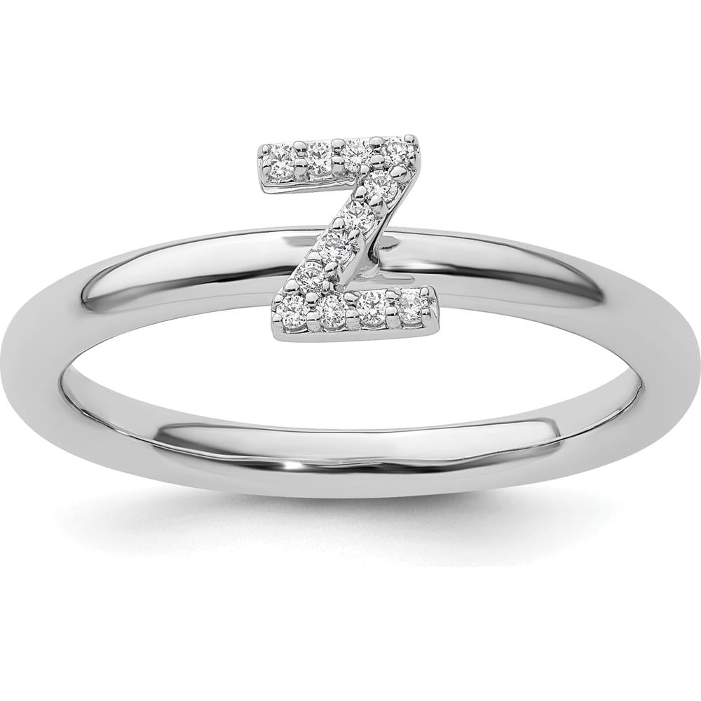 14K White Gold Stackable Band with Pavé Set Round Diamond Initial Z by 0