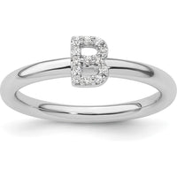 14K White Gold Stackable Diamond Initial B Ring with Pavé Set Round Diamonds by 0