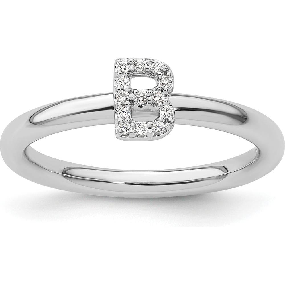 14K White Gold Stackable Diamond Initial B Ring with Pavé Set Round Diamonds by 0