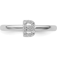 14K White Gold Stackable Diamond Initial B Ring with Pavé Set Round Diamonds by 0
