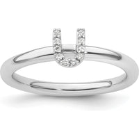 14K White Gold Stackable Diamond Initial U Ring with Pave Set Round Diamonds by 0