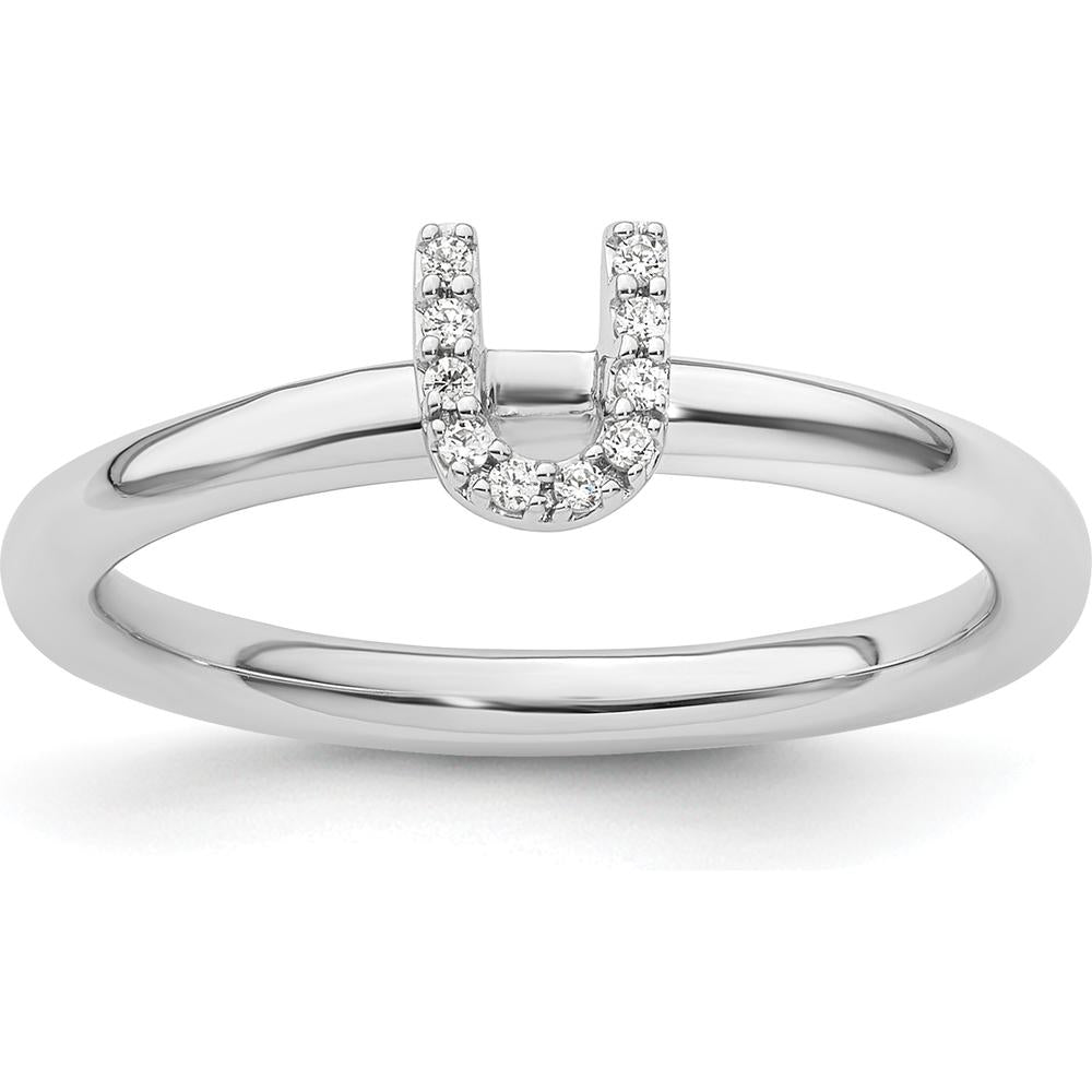 14K White Gold Stackable Diamond Initial U Ring with Pave Set Round Diamonds by 0