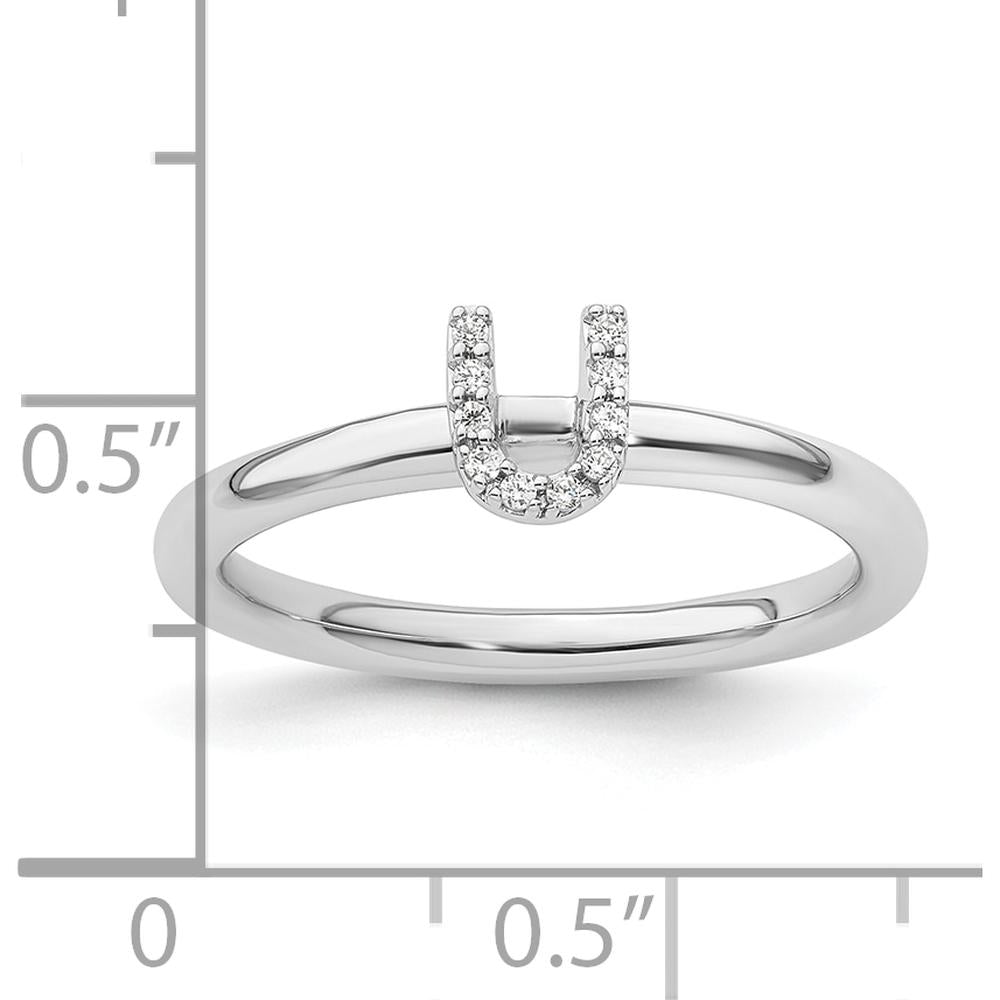 14K White Gold Stackable Diamond Initial U Ring with Pave Set Round Diamonds by 0