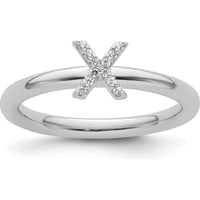 14K White Gold Stackable Diamond Initial X Ring with Prong Set Round Diamonds - Size 7 by 0