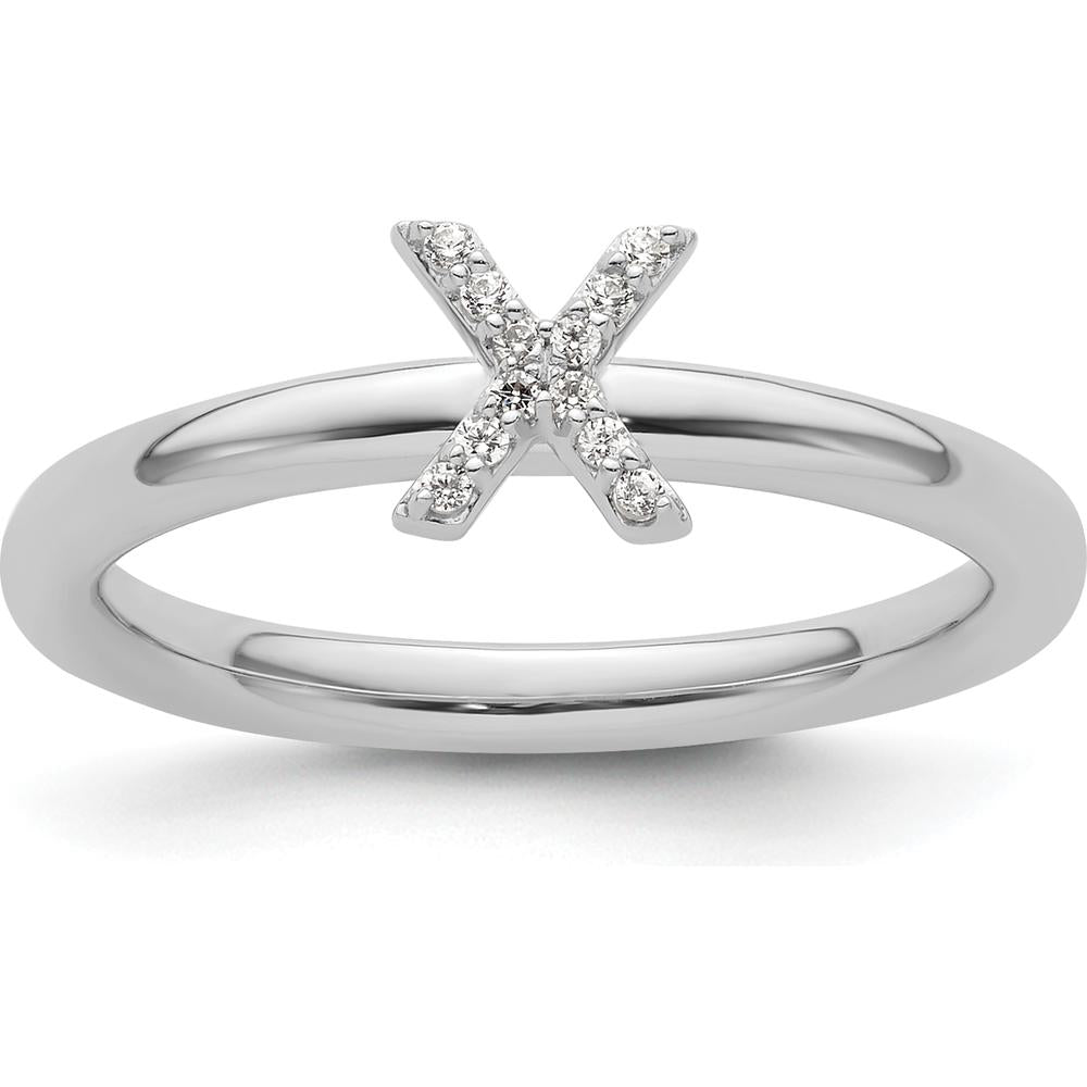 14K White Gold Stackable Diamond Initial X Ring with Prong Set Round Diamonds - Size 7 by 0