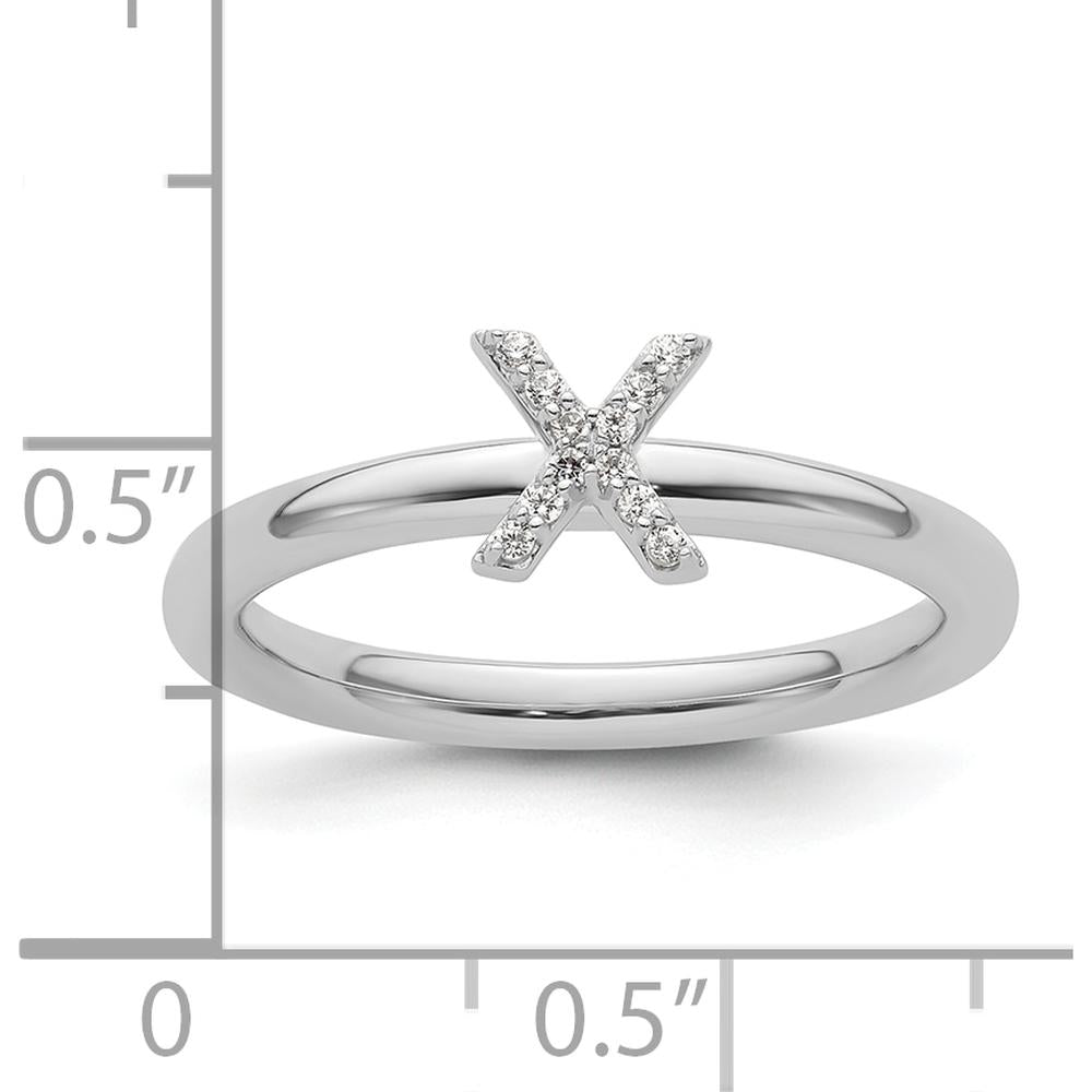 14K White Gold Stackable Diamond Initial X Ring with Prong Set Round Diamonds - Size 7 by 0