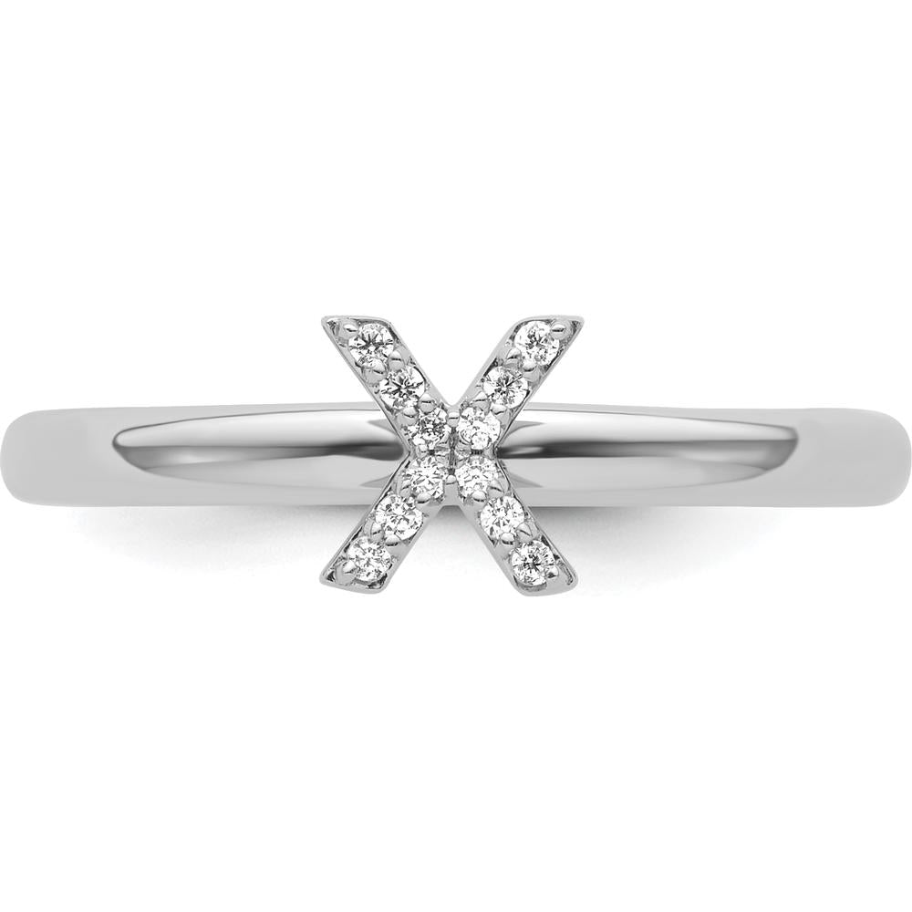 14K White Gold Stackable Diamond Initial X Ring with Prong Set Round Diamonds - Size 7 by 0