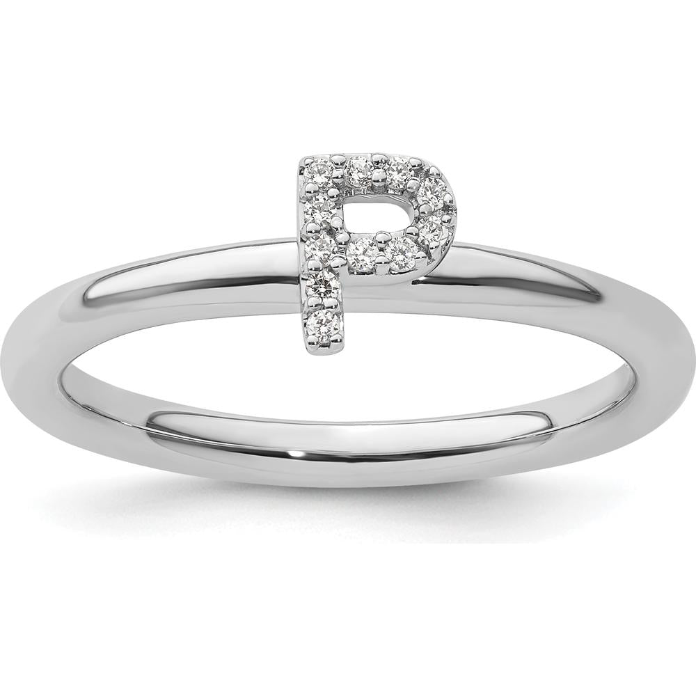 14K White Gold Stackable Pavé Diamond Initial P Ring with Rhodium Finish by 0