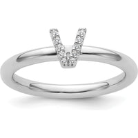 14K White Gold Stackable Ring with Pavé Set Diamond Initial V by 0