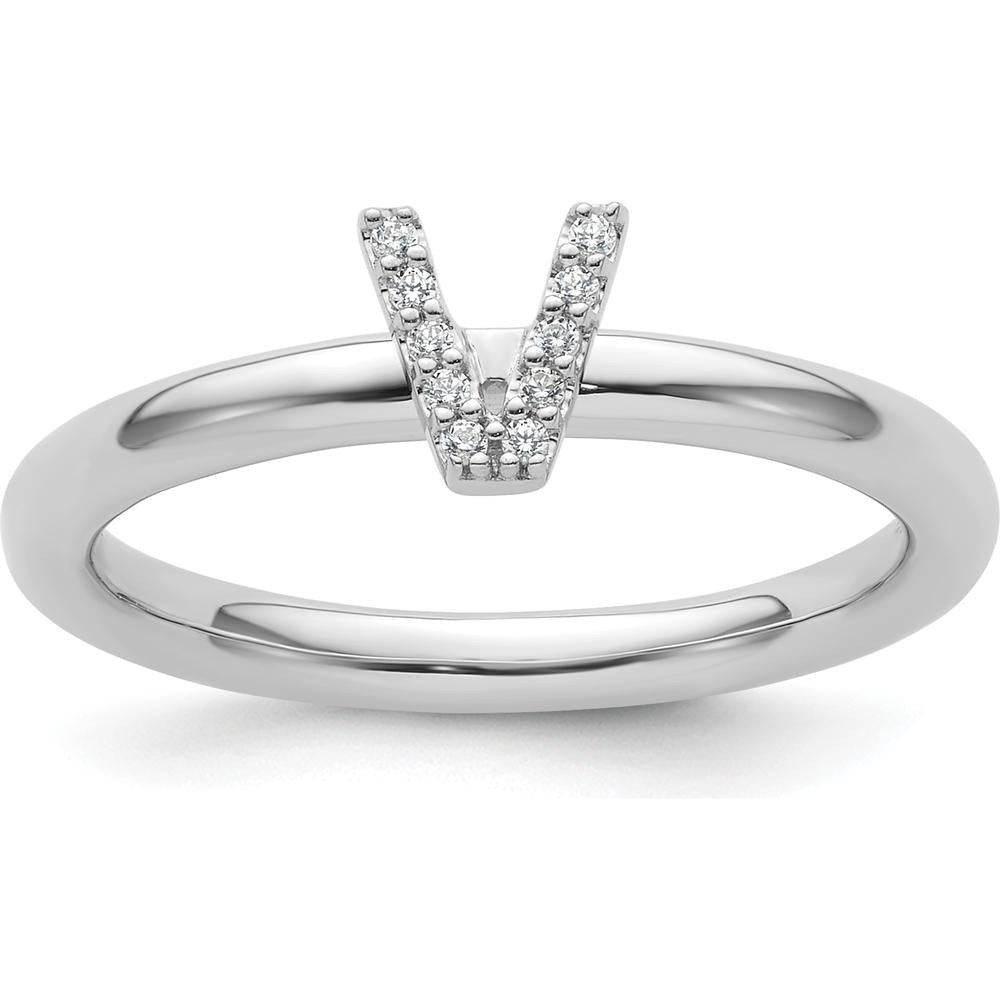 14K White Gold Stackable Ring with Pavé Set Diamond Initial V by 0