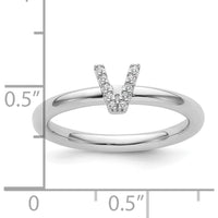 14K White Gold Stackable Ring with Pavé Set Diamond Initial V by 0