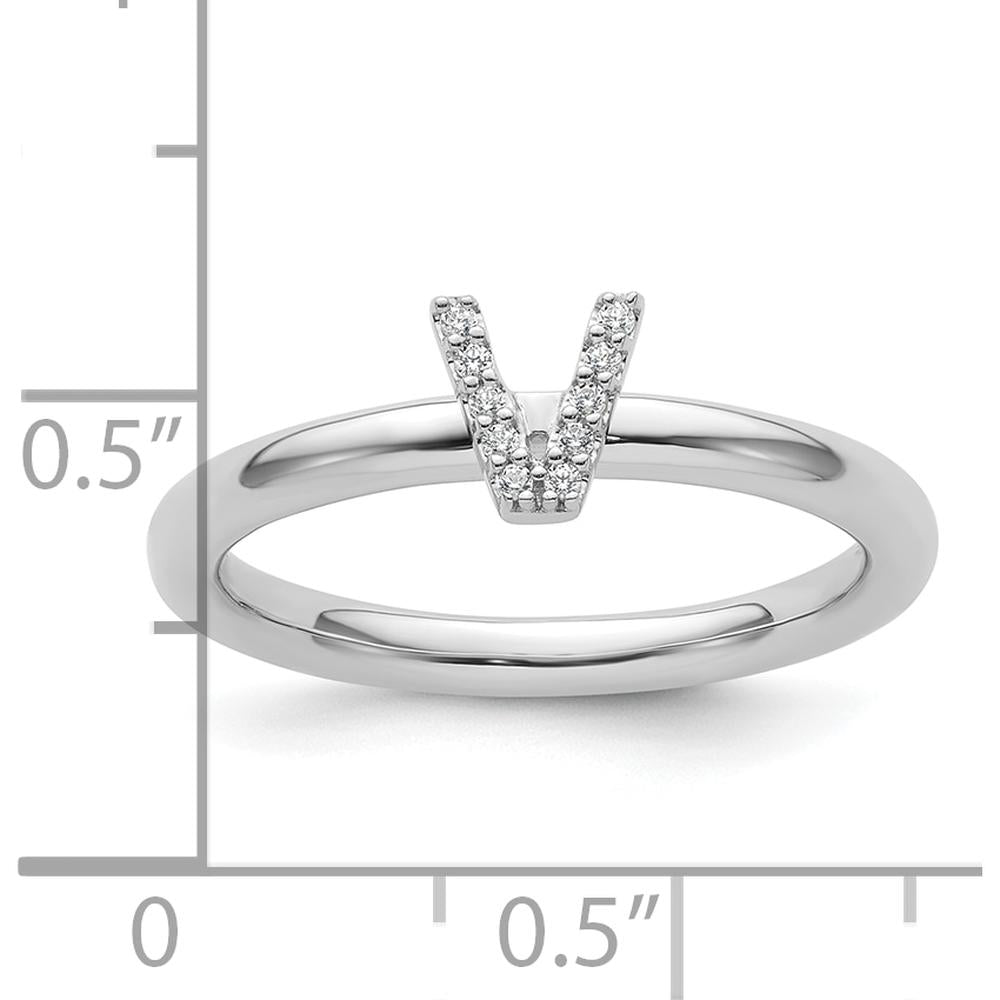 14K White Gold Stackable Ring with Pavé Set Diamond Initial V by 0