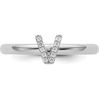 14K White Gold Stackable Ring with Pavé Set Diamond Initial V by 0