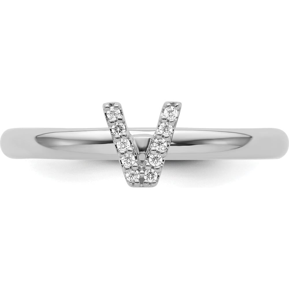 14K White Gold Stackable Ring with Pavé Set Diamond Initial V by 0