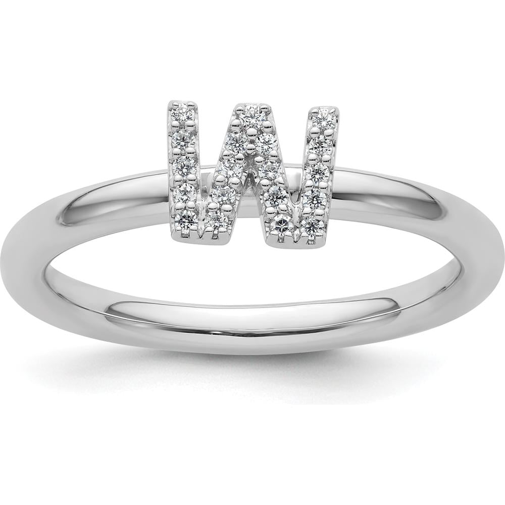14K White Gold Stackable Ring with Pavé Set Diamond Initial W by 0