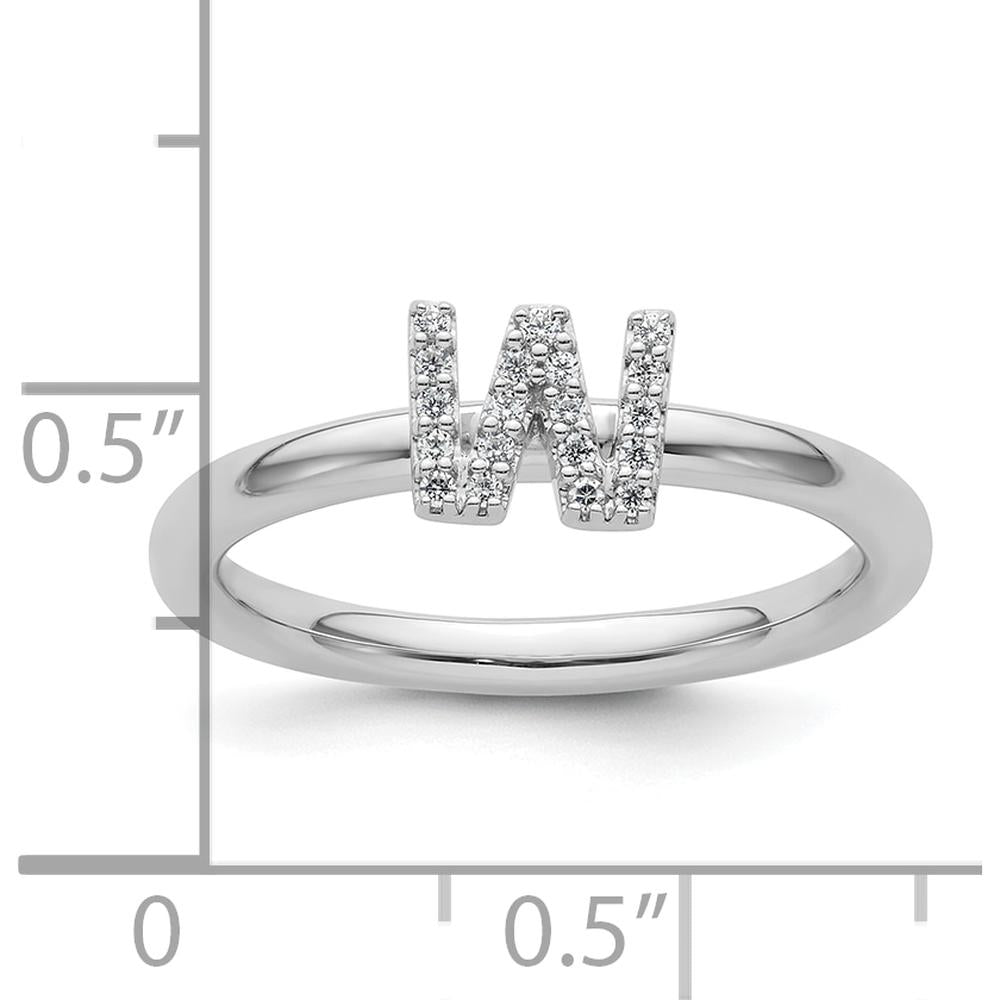 14K White Gold Stackable Ring with Pavé Set Diamond Initial W by 0