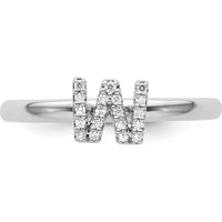14K White Gold Stackable Ring with Pavé Set Diamond Initial W by 0