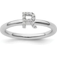 14K White Gold Stackable Ring with Round Diamond Initial R Motif by 0