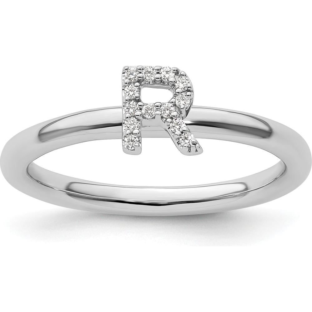 14K White Gold Stackable Ring with Round Diamond Initial R Motif by 0