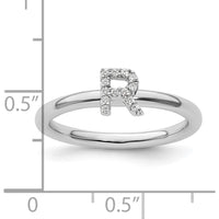14K White Gold Stackable Ring with Round Diamond Initial R Motif by 0
