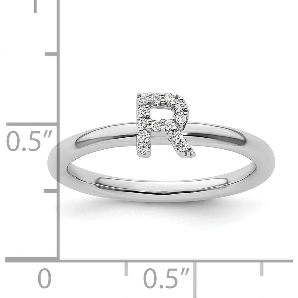 14K White Gold Stackable Ring with Round Diamond Initial R Motif by 0