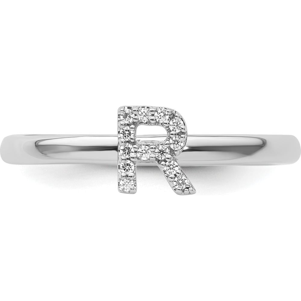 14K White Gold Stackable Ring with Round Diamond Initial R Motif by 0