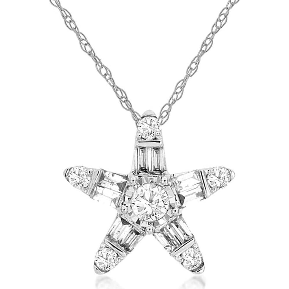 14K White Gold Star-Inspired Pendant with Round and Baguette Diamonds - 0.25 Carat Total Diamond Weight - Royal Jewelry