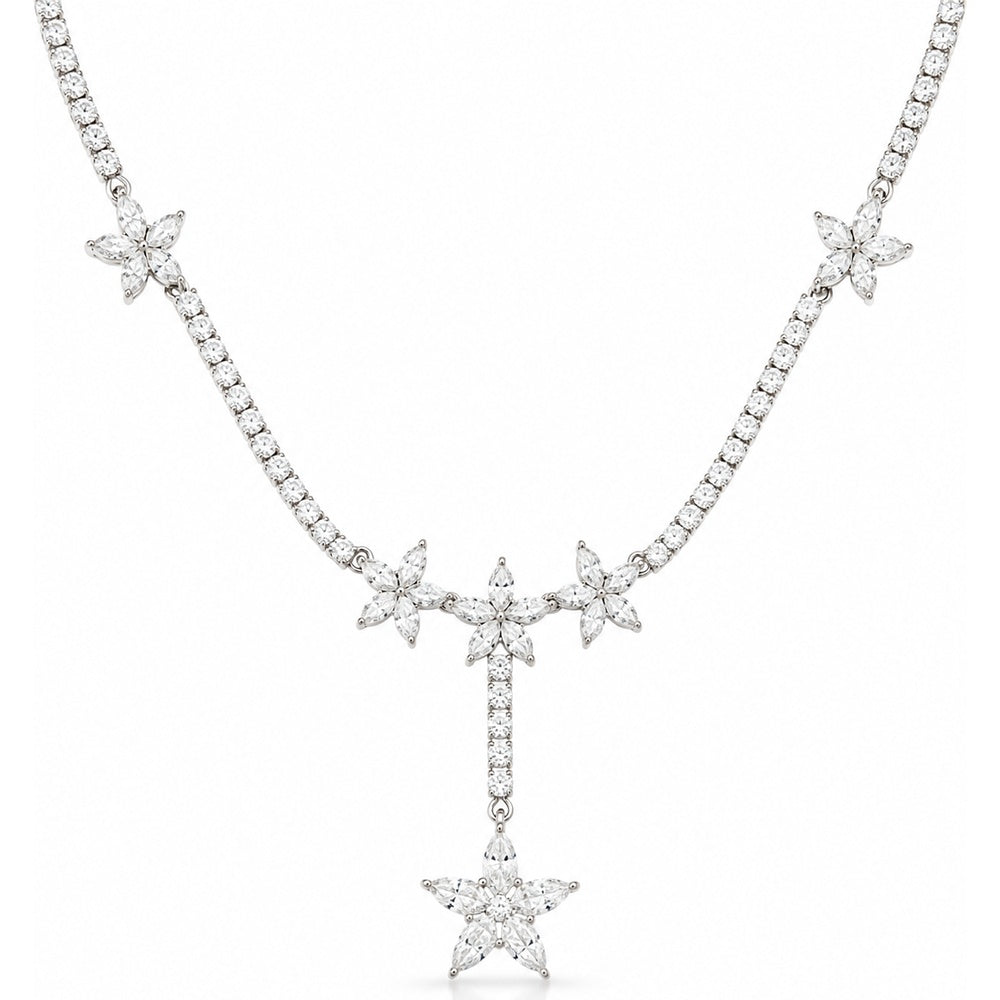 14K White Gold Star Motif Diamond Drop Necklace with Round and Marquise Diamonds - 4.68 Carat Total Diamond Weight by Auriventus